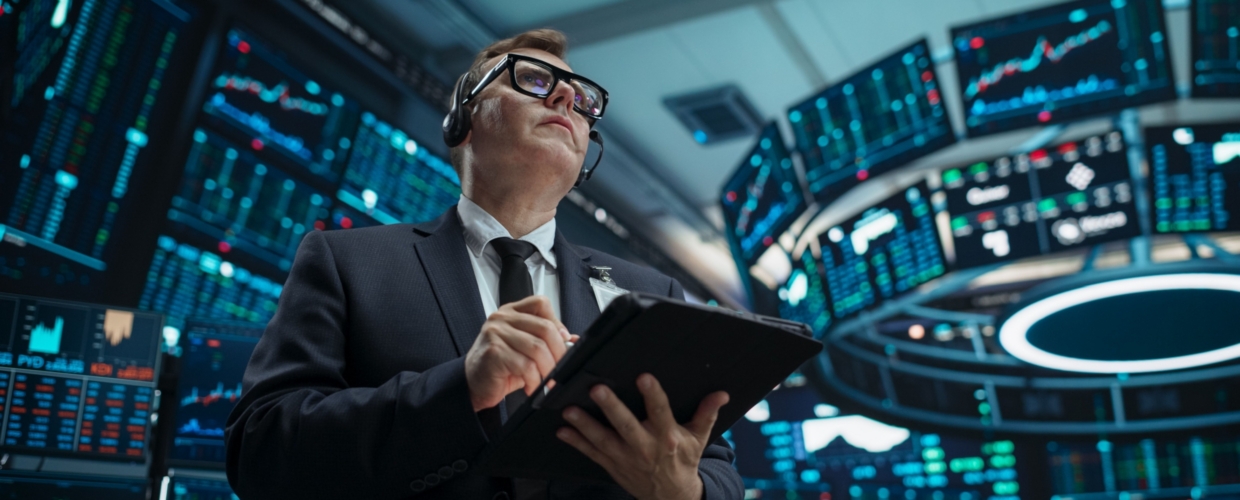 Stock broker in a professional stock exchange
